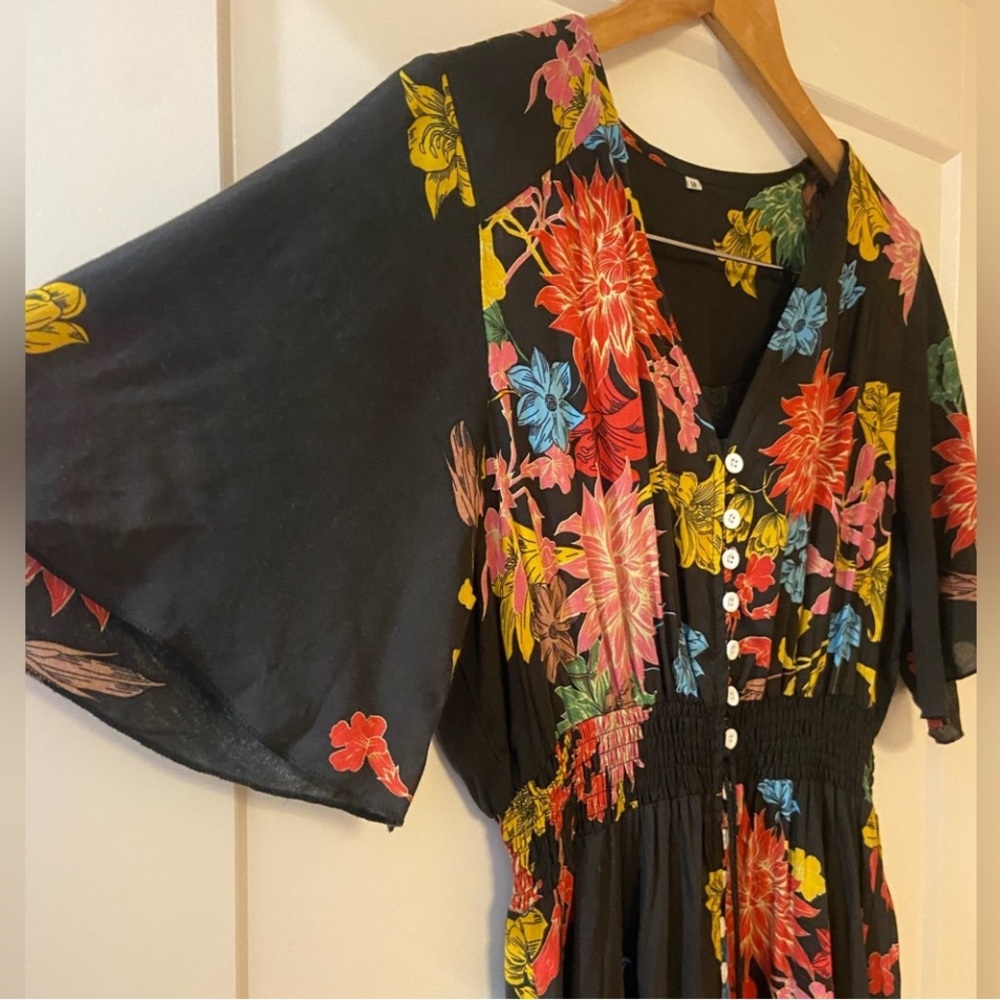 Floral 🖤 Mini Dress Boho Black Medium - Picture 5 of 6